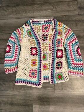 Crochet Patchwork Cardigan - Cream, Pink, Teal, Purple, Yellow, Green